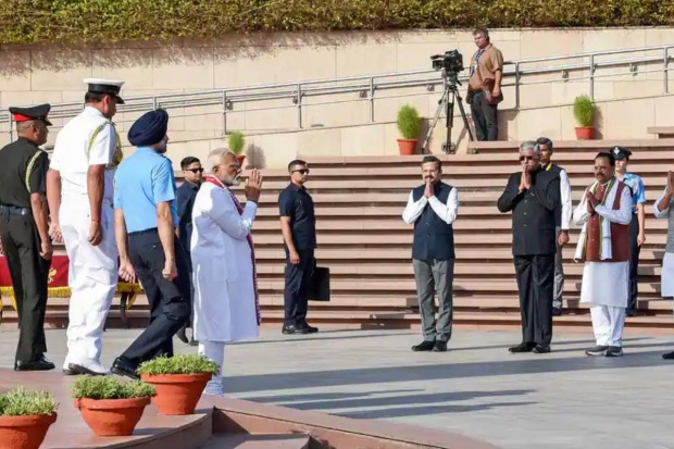 Leading military figures accompanying Narendra Modi as he pays tribute at the National War Memorial and then attends the oath-taking ceremony in New Delhi for his third straight term. He also greets Defence Minister Rajnath Singh (Photo: X/@narendramodi)
