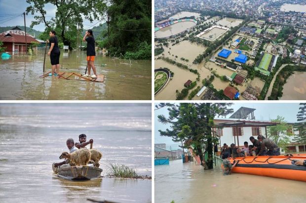 The death toll in floods in Assam increased to 18 after three more persons lost their lives in the calamity, as the number of affected population went up to over six lakh. The number of affected people was 5.35 lakh in 11 districts. Assam's flood situation remains dire as three more fatalities were reported and new areas were inundated, despite a slight decrease in the number of affected people, according to an official bulletin. (PTI Photo)