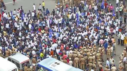Bahujan Samaj Party (BSP) supporters gather outside the Rajiv Gandhi Government Hospital in protest after Tamil Nadu BSP President K. Armstrong was hacked to death by a six-member gang, in Chennai, Saturday, July 6, 2024. (PTI Photo)