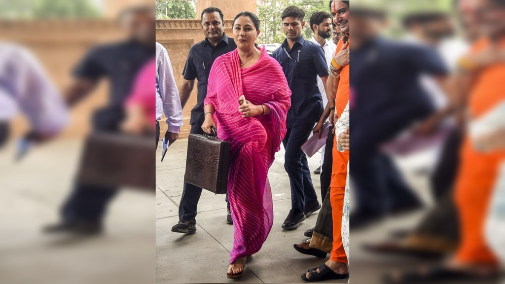 Rajasthan Deputy Chief Minister Diya Kumari arrives to present the state Budget during the Assembly session, in Jaipur, Wednesday, July 10, 2024. (PTI Photo)