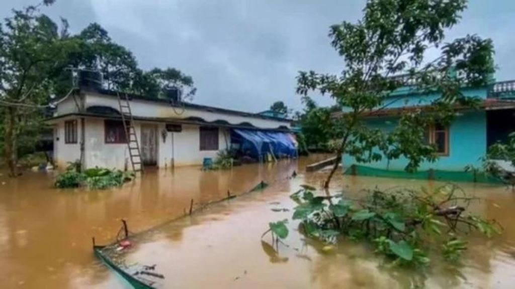 A flooded locality of Thalappuzha following a heavy downpour, in Wayanad on July 18