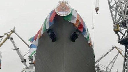 Frigate Tushil being launched Yantar shipyard in Russia.