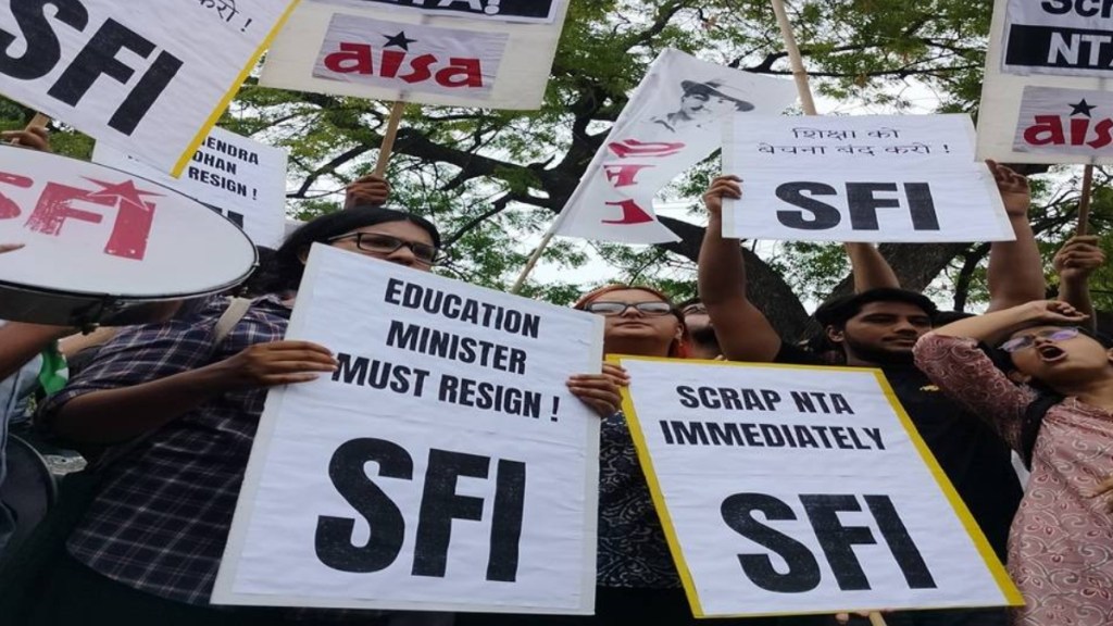 SFI activists stage protests against exam 'irregularities' in NEET and UGC-NET.