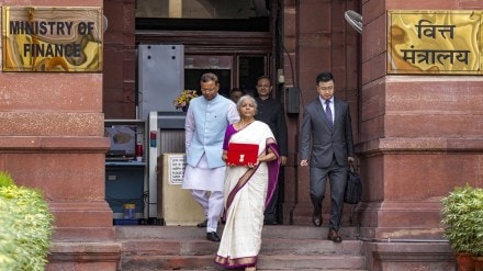 Union Finance Minister Nirmala Sitharaman with a red pouch carrying the Budget documents outside the Finance Ministry in North Block before leaving for the Parliament where she will table the Union Budget 2024-25, in New Delhi, Tuesday, July 23, 2024. Finance MoS Pankaj Chaudhary is also seen. (PTI Photo) Union Finance Minister Nirmala Sitharaman with a red pouch carrying the Budget documents outside the Finance Ministry in North Block before leaving for the Parliament where she will table the Union Budget 2024-25, in New Delhi, Tuesday, July 23, 2024. Finance MoS Pankaj Chaudhary is also seen. (PTI Photo)
