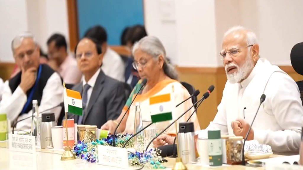 Prime Minister Narendra Modi, Union Finance Minister Nirmala Sitharaman and others during a meeting with economists at NITI Aayog, in New Delhi, Thursday, July 11, 2024.