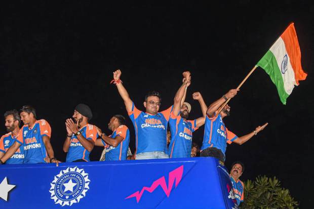 The victory parade commenced after a two-hour delay as complete crowd chaos along the stretch of South Mumbai brought the traffic to a halt after Rohit Sharma and his men touched down a little after 5 pm here on Thursday. (PTI)