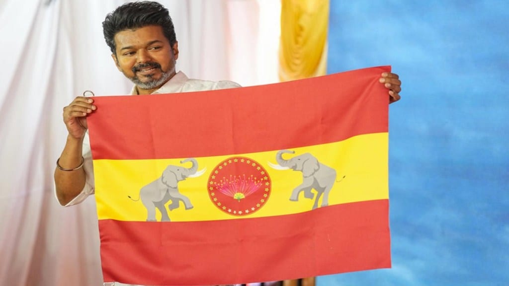 Thalapathy Vijay unveiled the flag of his political party Tamizhaga Vetri Kazhagam (TVK) in Tamil Nadu. (Image Source: PTI)