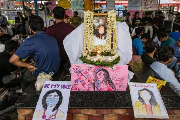 Kolkata: Junior doctors participate in a protest at the SSKM Hospital against the rape and killing of a post graduate trainee doctor. (PTI)
