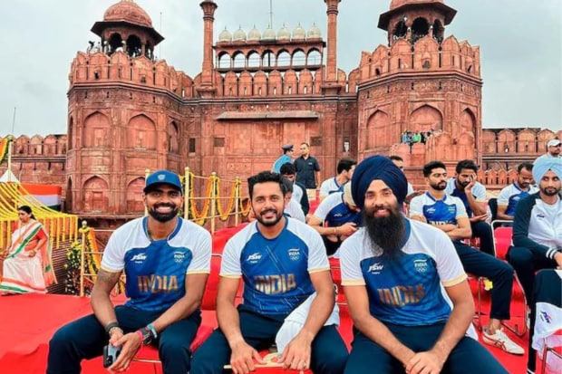 Indian men's hockey players PR Sreejesh, Harmanpreet Singh and Jarmanpreet Singh, who won bronze in the Paris Olympics in 2024, at the 78th Independence Day celebration in the Red Fort in New Delhi. (Photo: PTI)