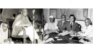 1947 meetings: (Image on Left) Sardar Vallabhbhai Patel to address a meeting. (Image on right) Lord Mountbatten (centre) with Pt. Jawaharlal Nehru (left) and Muhammad Ali Jinnah (right).