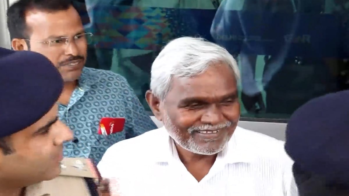 Former Jharkhand chief minister Champai Soren speaks with the media upon his arrival at Delhi airport, Sunday, Aug. 18, 2024. (PTI Photo)