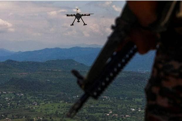 A drone being used to keep vigil near the Line of Control (LOC) ahead of Independence Day, in Rajouri district. (Photo source: PTI)
