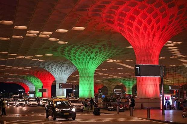 International airport lighted with tri-colour on the occasion of Indepndence Day, in Mumbai. (Photo source: PTI)