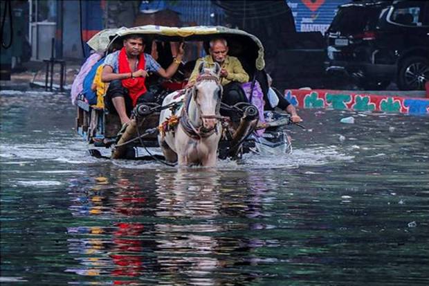 A horse cart wades through a flooded road in Mathura. (Photo source: PTI)