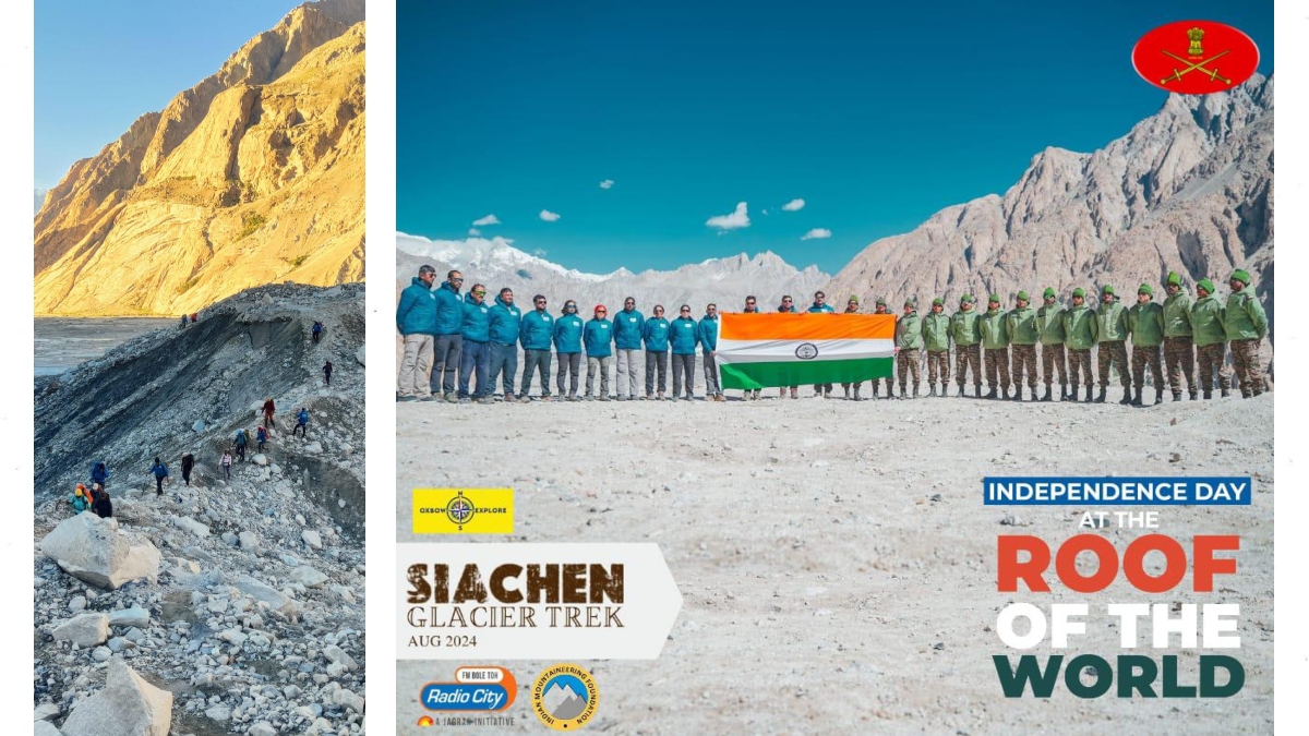 Trekkers moving through Siachen Glacier Track. Trekkers moving through Siachen Glacier Track.
