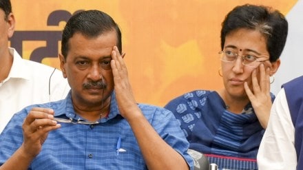 Delhi Chief Minister Arvind Kejriwal and Atishi Singh during AAP workers' meeting, in New Delhi, Sunday, Sept. 15, 2024. (PTI Photo