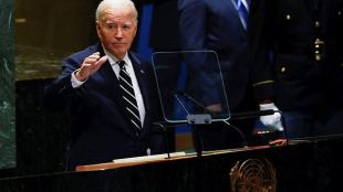 U.S. President Joe Biden gestures as he addresses the 79th United Nations General Assembly, at U.N. headquarters in New York, U.S.