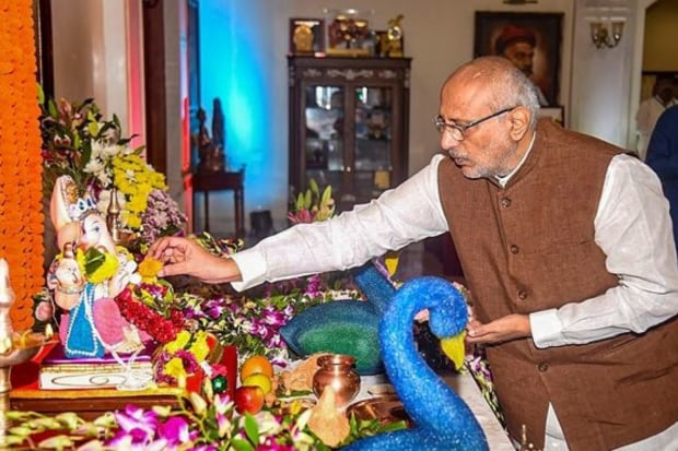 Maharashtra Governor CP Radhakrishnan performs 'puja' before Lord Ganesha on Ganesh Chaturthi festival, at Raj Bhavan in Mumbai. (Photo: PTI)
