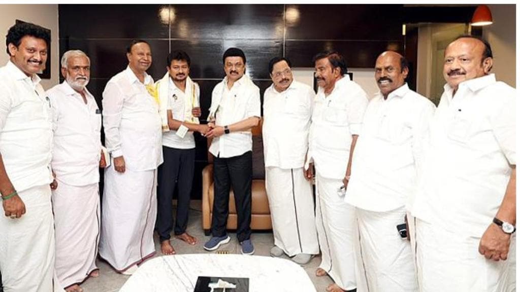 Tamil Nadu Chief Minister MK Stalin felicitates DMK leader Udhayanidhi Stalin as he congratulates him on being appointed as State Deputy Chief Minister, in Chennai on Sunday. (ANI Photo)