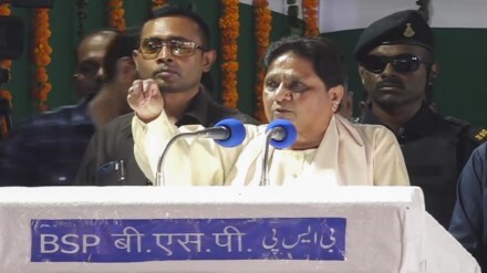 BSP chief Mayawati addresses a public meeting ahead of the Haryana Assembly elections, in Jind district of Haryana, Wednesday, Sept. 25, 2024. (PTI Photo)