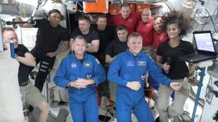In this image made from a NASA livestream, the two astronauts stuck at the International Space Station since June 2024, Butch Wilmore, far left, and Suni Williams, far right, welcome two new residents who flew up on SpaceX, NASA's Nick Hague, front left in blue, and the Russian Space Agency's Alexander Gorbunov, front right in blue, Sunday, Sept. 29, 2024. Behind them, from left in black, are NASA's Jeanette Epps, Russia's Alexander Grebenkin, NASA's Mike Barratt and NASA's Matthew Dominick. From left, wearing red, are Russia's Ivan Vagner, NASA's Don Pettit and Russia's Alexei Ovchinin. (AP/PTI)