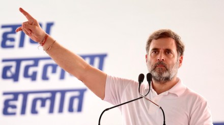 Congress leader Rahul Gandhi addresses a public meeting for Haryana Assembly elections, at Assandh, in Karnal district, Thursday, Sept. 26, 2024.