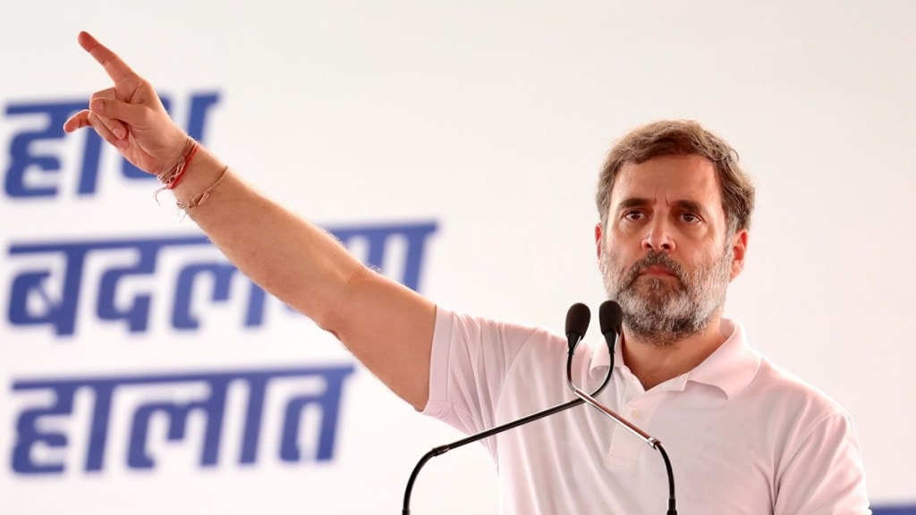 Congress leader Rahul Gandhi addresses a public meeting for Haryana Assembly elections, at Assandh, in Karnal district, Thursday, Sept. 26, 2024.