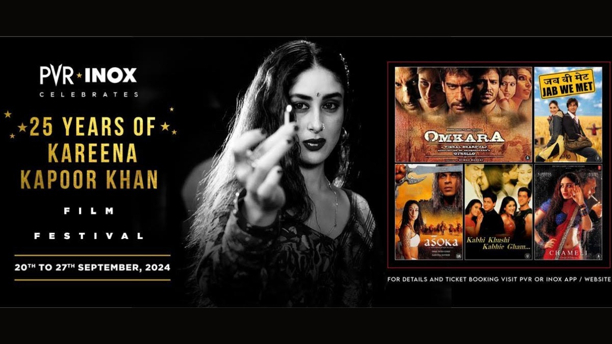 Kareena Kapoor Khan’s film poster featuring iconic roles from her 25-year career, showcased as part of the PVR INOX Film Festival celebrating her cinematic journey.