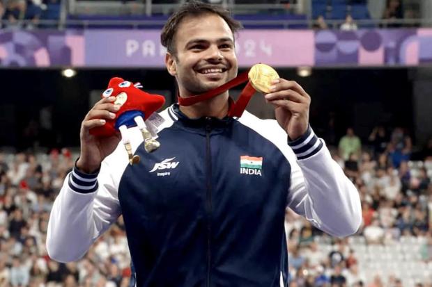 Sumit Antil claimed India's third Gold with a record throw of 70.59m in the men's Javelin - F64 event. (ANI)