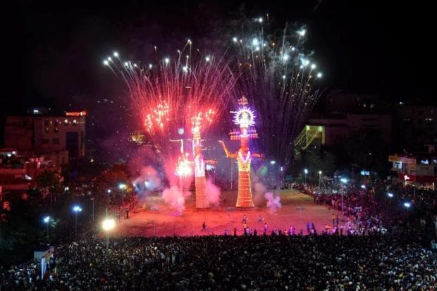 Fireworks light the sky during celebration of the Dussehra in Jaipur.