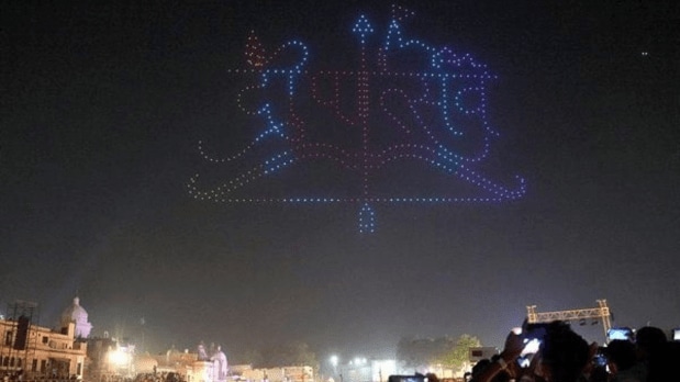 Ayodhya: Drones light up the sky above ‘Ram ki Paidi’ near the Saryu River in a stunning display for ‘Deepotsav 2024’ on the eve of the Diwali festival. (PTI)