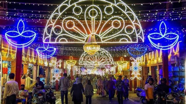 Jaipur: Bapu Bazar shines with festive lights on the eve of the Diwali festival, creating a vibrant scene in the heart of the city. (PTI)