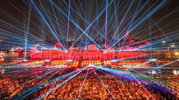 Ayodhya: A spectacular top view captures a laser show at a ghat along the Saryu River, part of the ‘Deepotsav 2024’ celebrations on the eve of Diwali. (PTI)