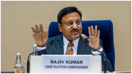 CEC Rajiv Kumar at a press conference announcing the election schedule of Maharashtra and Jharkhand.