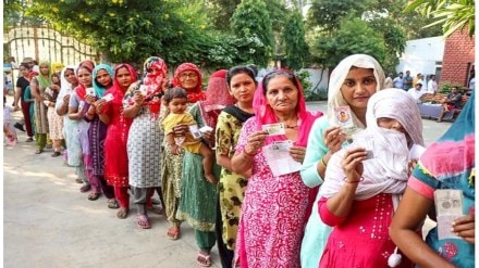 Haryana Elections Voting: People wait in a queue to cast their votes at a polling station during the Haryana Assembly elections, in Rohtak district, Saturday, Oct. 5, 2024. (PTI Photo)