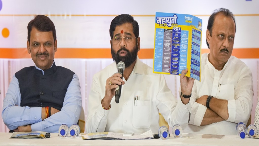 Maharashtra Chief Minister Eknath Shinde along with Dy CMs Devendra Fadnavis and Ajit Pawar during a press conference, in Mumbai, Wednesday, Oct. 16, 2024. (PTI Photo Maharashtra Chief Minister Eknath Shinde along with Dy CMs Devendra Fadnavis and Ajit Pawar during a press conference, in Mumbai, Wednesday, Oct. 16, 2024. (PTI Photo