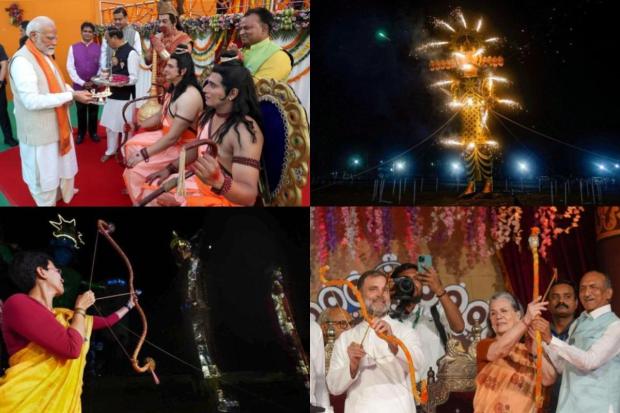 Dussehra was celebrated across the country on Saturday with revellers coming out in large numbers to witness the burning of Ravana effigies, marking a spectacular culmination of 10-day of festivities filled with rituals, songs, dance and processions.Effigies of the demon king, his brother Kumbhakarna and son Meghnad went up in flames at open grounds with the attending crowds erupting as the firecrackers from the burning effigies illuminated the night sky. (Images: PTI)