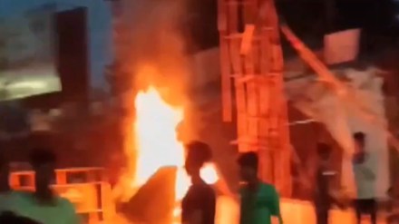 Visuals from the Shyampur area of Howrah district where unrest broke out during Durga puja celebration on Sunday. (Photo: PTI/Screengrab)