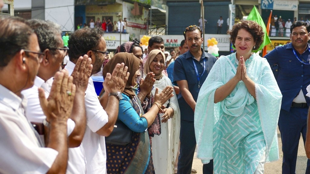 AICC General Secretary and UDF candidate from Wayanad parliamentary constituency Priyanka Gandhi Vadra meets supporters as she campaigns at Engapuzha, in Kozhikhode, Tuesday, Oct. 29, 2024. (PTI Photo)