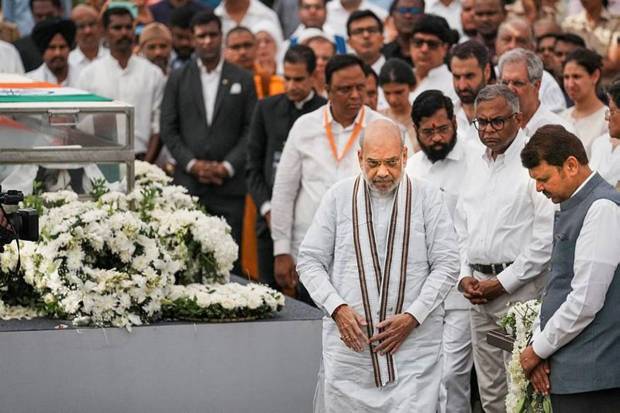 Union Home Minister Amit Shah after paying his last respects to business leader Ratan Tata at NCPA lawns, in Mumbai on Thursday, October 10, 2024. (Photo source: PTI)