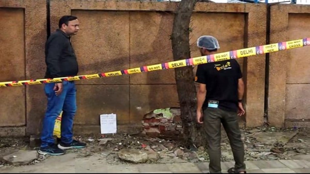 Forensic team collects samples from the site where a blast occured, near a CRPF school at Prashant Vihar, in Rohini area of New Delhi, Sunday, Oct. 20, 2024. (PTI Photo)