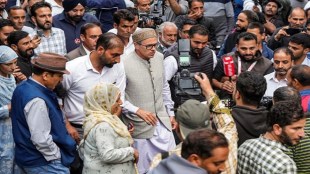 Jammu and Kashmir National Conference Vice President Omar Abdullah being greeted by supporters after winning the Jammu and Kashmir Assembly elections from Budgam and Ganderbal constituencies, in Srinagar, Tuesday, Oct. 8, 2024. (PTI Photo/S Irfan)