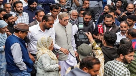 Jammu and Kashmir National Conference Vice President Omar Abdullah being greeted by supporters after winning the Jammu and Kashmir Assembly elections from Budgam and Ganderbal constituencies, in Srinagar, Tuesday, Oct. 8, 2024. (PTI Photo/S Irfan)