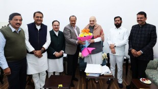 Union Minister and senior BJP leader Amit Shah, BJP President JP Nadda, Maharashtra BJP leader Devendra Fadnavis, Shiv Sena leader Eknath Shinde and NCP leader Ajit Pawar exchange greetings during a meeting at Nadda's residence, in New Delhi, Thursday, Nov. 28, 2024. (PTI Photo)