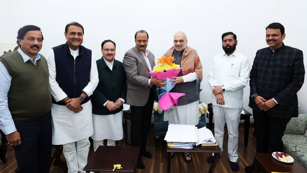 Union Minister and senior BJP leader Amit Shah, BJP President JP Nadda, Maharashtra BJP leader Devendra Fadnavis, Shiv Sena leader Eknath Shinde and NCP leader Ajit Pawar exchange greetings during a meeting at Nadda's residence, in New Delhi, Thursday, Nov. 28, 2024. (PTI Photo)