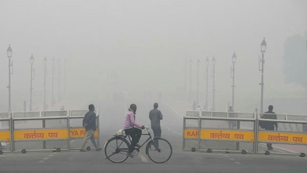 A man cycles near India Gate amid low visibility caused by smog as air quality remains in the 'severe' category. (PTI)