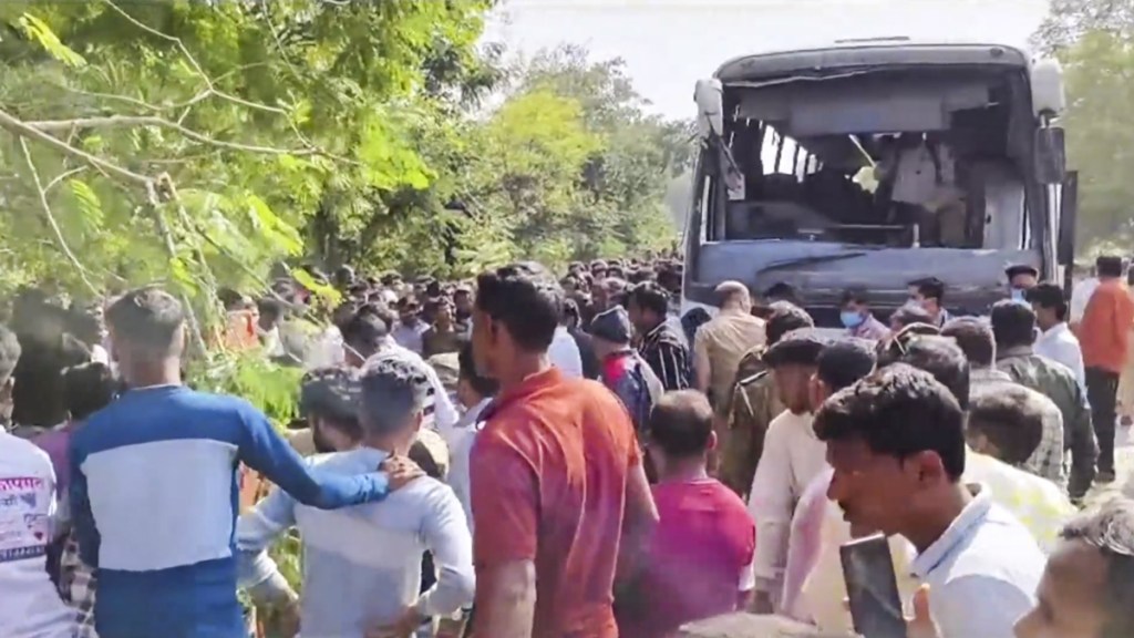 People gather at the site after a Maharashtra State Road Transport Corporation (MSRTC) bus overturned, in Gondia district of Maharashtra, Friday, Nov. 29, 2024. People gather at the site after a Maharashtra State Road Transport Corporation (MSRTC) bus overturned, in Gondia district of Maharashtra, Friday, Nov. 29, 2024.