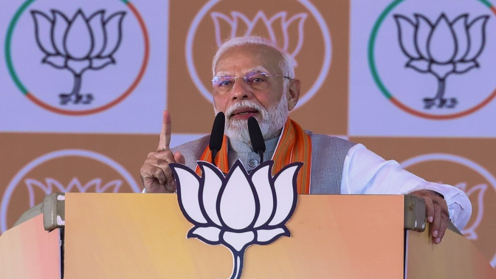 Prime Minister Narendra Modi addresses a public meeting ahead of Maharashtra Assembly elections, at Chimur in Chandrapur district, Maharashtra, Tuesday, Nov. 12, 2024. (PTI Photo) Prime Minister Narendra Modi addresses a public meeting ahead of Maharashtra Assembly elections, at Chimur in Chandrapur district, Maharashtra, Tuesday, Nov. 12, 2024. (PTI Photo)
