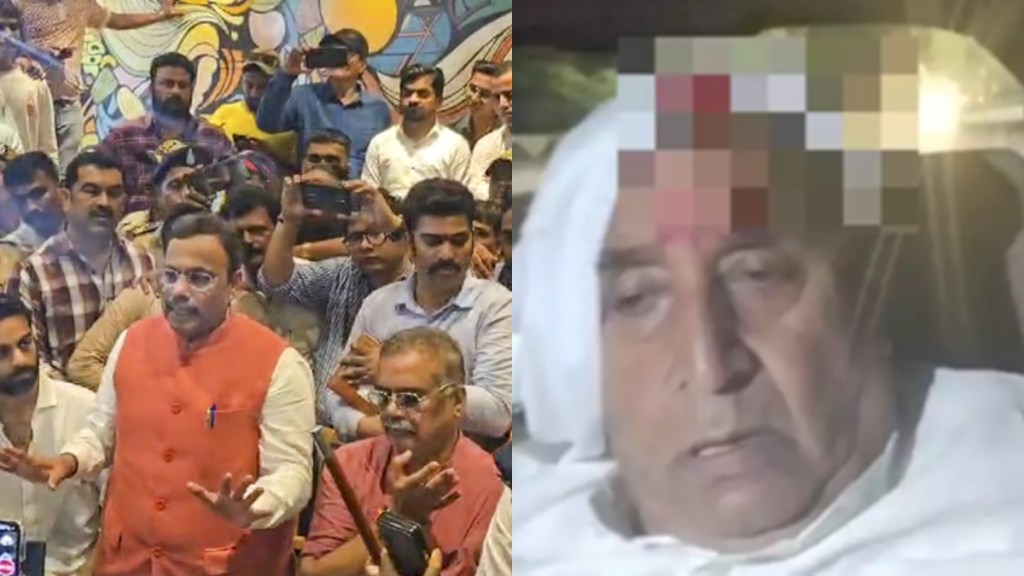 BJP leader Vinod Tawde tries to explain the case to the media after BVA workers gheraoed Tawde for allegedly distributing cash (L), Anil Deshmukh suffers injuries after stones were hurled at his car in Nagpur (R). (PTI Photo)