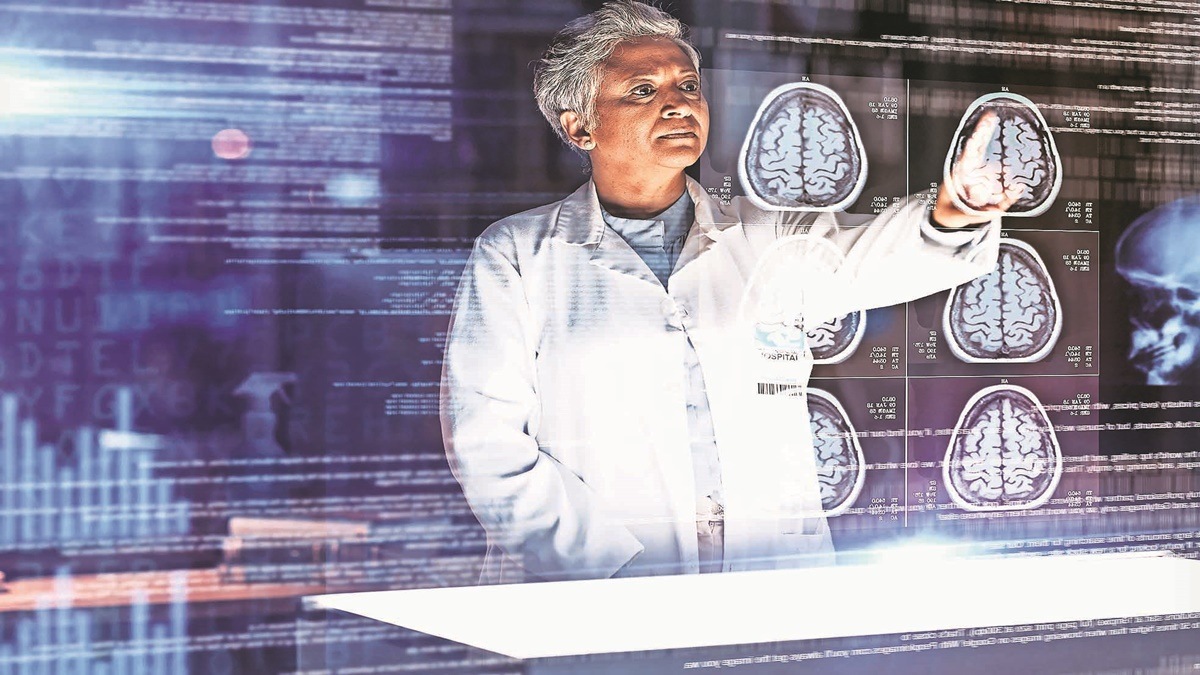 Doctor, hospital and futuristic brain mri in cancer, xray or mental health neurology in night medical. Abstract, hologram and 3d thinking organ in healthcare scan, surgery planning or woman analytics